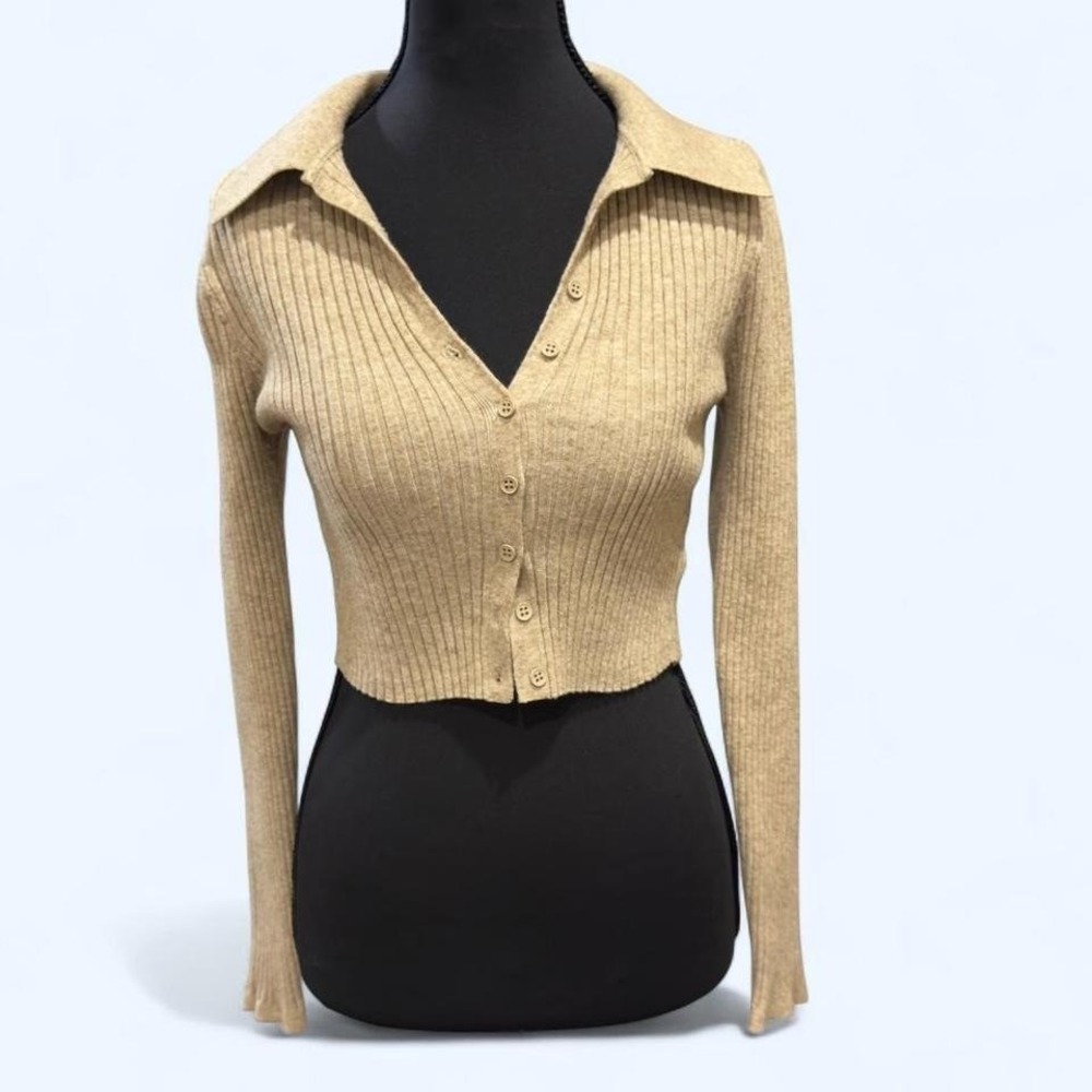 Urban Outfitters Ribbed Cropped Cardigan warm‎ oatmeal / beige tone